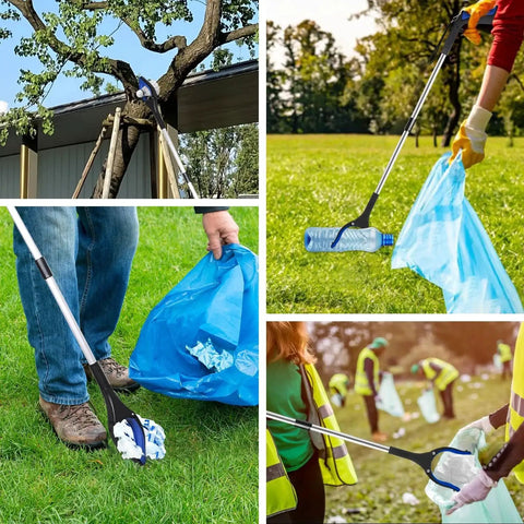 Collage showing use of 34 Inch Folding Grabber Reacher Tool Set in various outdoor settings picking up trash, features 360 degree jaw.