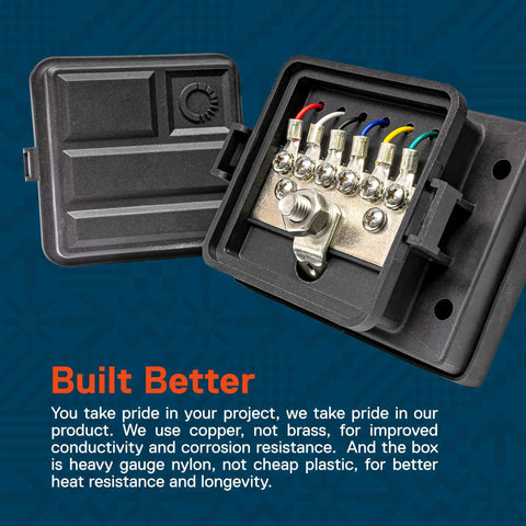 Waterproof Ground Power Distribution Terminal Block with Insulated Bus Bar Box for 12V auto marine applications.