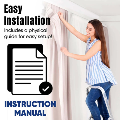 Woman installing curtain on Heavy Duty Ceiling Curtain Track Set With Ceiling And Wall Mounts, No Fuss Setup, Premium Aluminum Alloy Rail System.