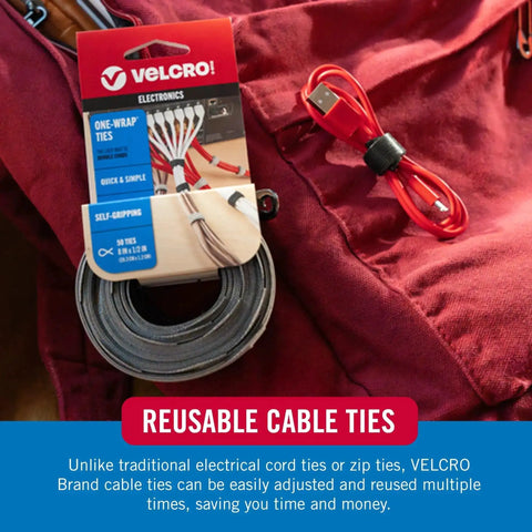 Velcro brand one-wrap ties for electronics in packaging, red cable tie beside, showcasing reusable cable ties for tidy cords.
