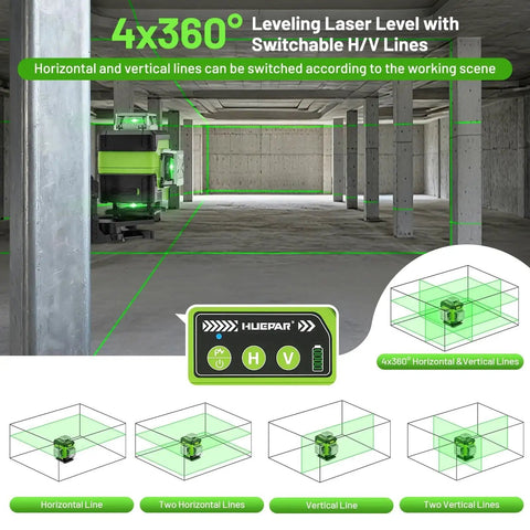 360 Degree Laser Level With LCD Screen Self Leveling For DIY Pros And Picture Hanging 4D Laser Leveler Tool With High Brightness And Rechargeable Battery Magnetic Bracket And Hard Carry Case Y04CG By Huepar used in construction space showing outlined laser lines for accuracy.
