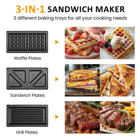 Three In One Sandwich And Waffle Maker With Removable Plates Panini Press Nonstick Plates Indicator Lights And Cool Touch Handle 750W
