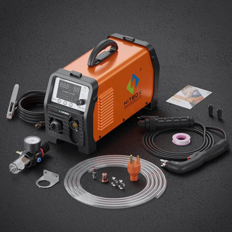 65A Dual Voltage Plasma Cutter 110V 220V With Non HF Non Touch Pilot Arc CNC Ready displayed with accessories on dark surface