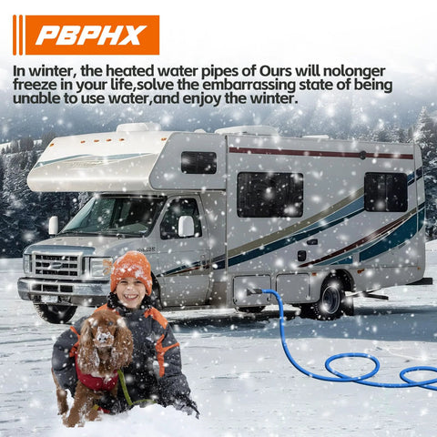 RV heated water hose, blue 50ft, connected to motorhome in snowy scene; child and dog in foreground.