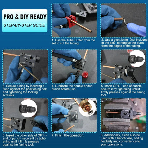 Step-by-step guide of Brake Line Flaring Tool Kit For 3/16 And 1/4 Tubes With SAE 45 Degree Flares in use on tube