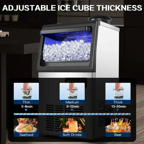 Commercial Ice Maker Machine Delivers 110 Lbs Per Day With Undercounter Or Freestanding Design 22 Lbs Storage Bin Stainless Steel Self Cleaning Quiet Operation Pro Grade For Home Bar Restaurant Coffee Shop, showing adjustable ice cube thickness settings.