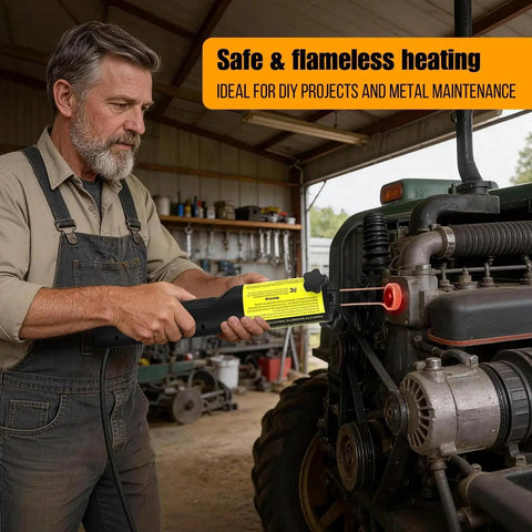 Person using Powerful 1200W Induction Heater For Bolt Removal With 6 Coils Magnetic Heating Tool Handheld For Rusted Nuts And Bolts Auto Repair Pro Must Have Fast Safe Heat In Under 30 Seconds Yellow on machinery.