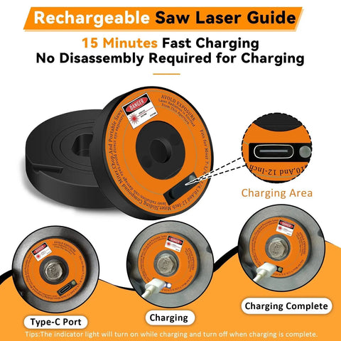 Rechargeable Miter Saw Laser Guide With Type C 15 Minute Fast Charge alignment tool showing Type-C port and charging stages