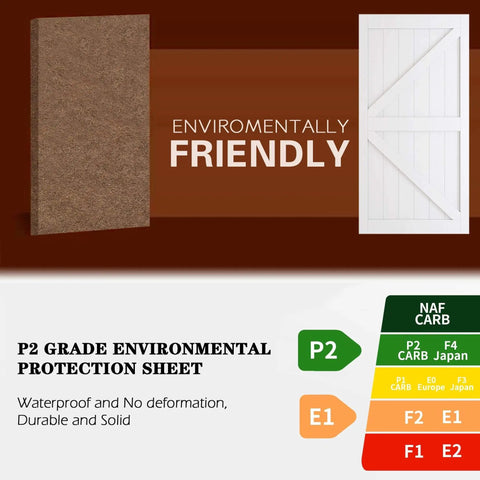 Space Saving Bypass Barn Door Kit 60 By 84 Inch MDF white panel with P2 environmental protection sheet and eco-friendly label.