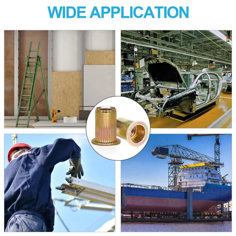 Applications of Rivet Nuts Kit 100 Pcs 1 4 20 UNC Zinc Plated Carbon Steel Nutserts in construction, automotive, and marine industries.