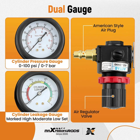 Dual Gauge Cylinder Leak Down Tester Kit For Gasoline Engines With dual pressure and leakage gauges and extension rod