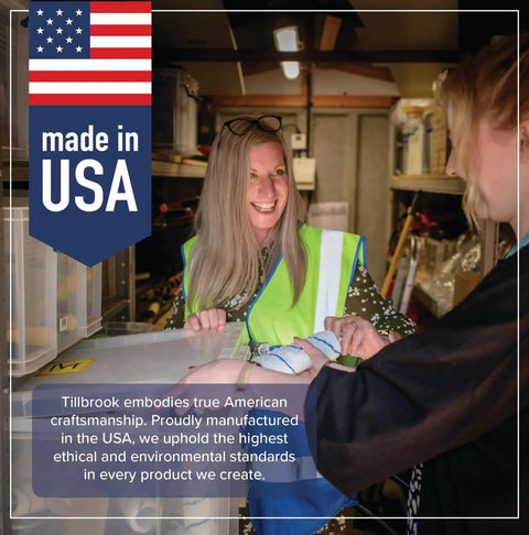 Ultrasonic gun cleaner setup in a workshop; left displays a USA-made badge with American flag, two women in hi-vis vests.