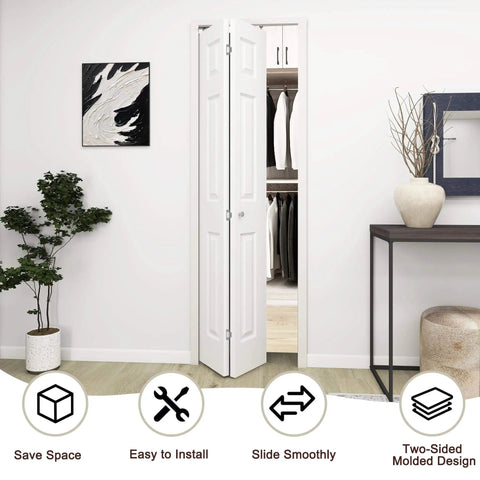 24 Inches By 80 Inches Bifold Barn Door With Hardware Kit, White Primed 6 Panel Hollow Core Interior Closet Door Installed