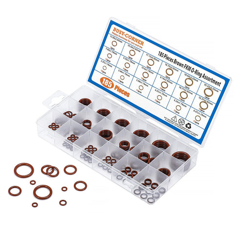 Busy-Corner 185-piece brown FKM O-ring kit, 75A, AS-568 sizes, stored in clear 18-compartment organizer