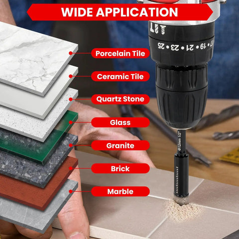 Diamond Drill Bits Set For Ceramic Tile Glass Granite Marble Brick Stone Five Piece Pack With 1/4 Inch 5/16 Inch 3/8 Inch And 1/2 Inch Diamond Core Bits And 1/4 Hex Shank Vacuum Brazed For Dry And Wet Drilling REKCKRUL showing usage on various materials