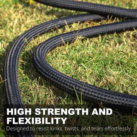 Relxitl garden hose, black braided flexible water hose on a green lawn.