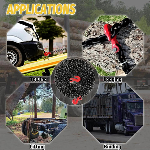 Applications of One Quarter Inch Log Chain, Twenty Foot Heavy Duty G80 Chain With G70 Clevis Grab Hooks, EP Black, for towing, logging, lifting, binding.