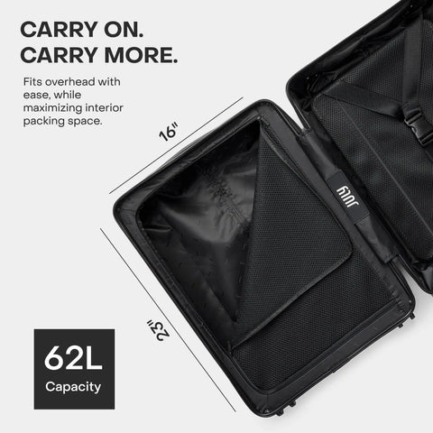 Interior view of Expandable Carry On Max 21 Inch Airline Approved Rolling Luggage with open compartment, showing 62L capacity and organizer pockets.