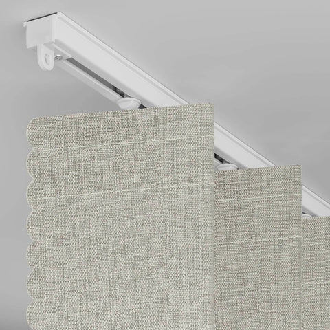 100 Percent Blackout Accordion Door Curtain For Sliding Glass Doors, cream white fabric, mounted on track, close-up view