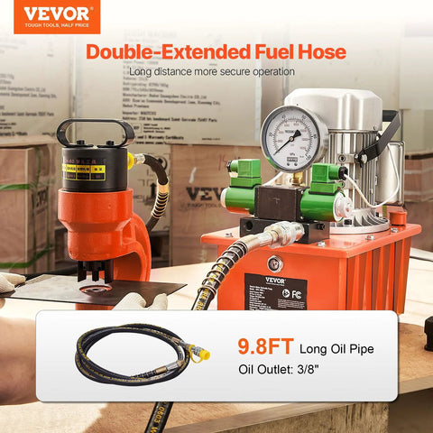 VEVOR 10000 PSI hydraulic electric pump with 8L power pack; orange two-unit setup, gauge, green valves, 9.8 ft oil hose