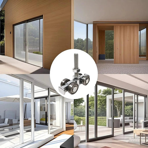 Silent 4-Wheel Unistrut Trolley Assembly for strut channel systems in silver finish, shown installed on glass sliding doors.