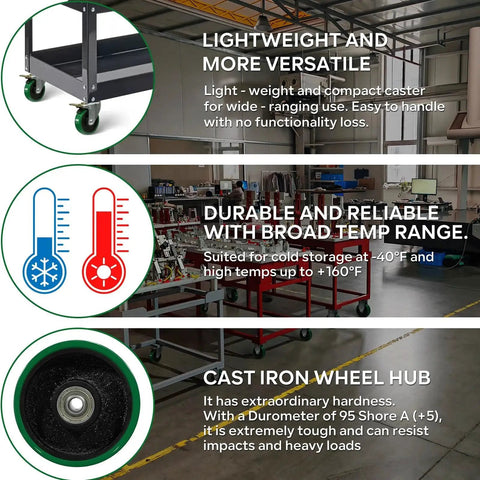 Beefed Up 4 Inch Caster Wheels Set Of 4 showcasing versatility, temperature resilience, and cast iron hub durability in a shop setting