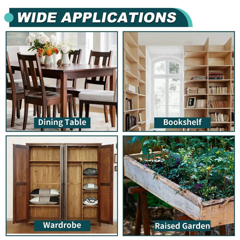 Examples of applications for 4x4x2 L brackets in dining table, bookshelf, wardrobe, and raised garden assembly.