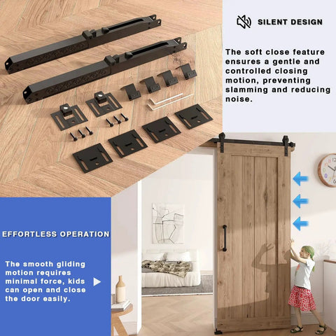 2 Piece Barn Door Soft Close Mechanism Set With Upgraded Universal Weight Compatibility Supports Doors Up To 160 Lbs For Effortless Opening And Smooth Quiet Closing Hole Free Sliding Door Hardware Spring Buffer Damper shown with components and installed on a wooden barn door.