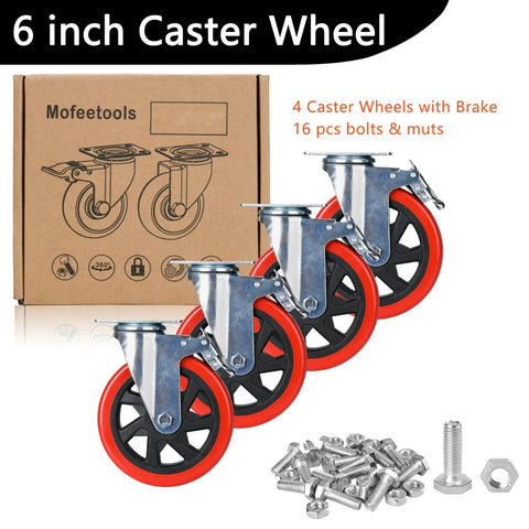 6 Inch Heavy Duty Swivel Caster Wheels Set Of 4 With Brakes And Lockable Bearing Plate Up To 3000 Lbs Per Caster