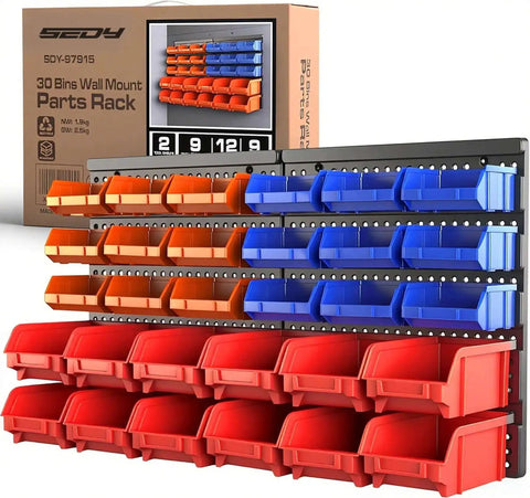 30 Bin Wall Mounted Storage Rack System For Heavy Duty Garage Organization With Pegboard Panels