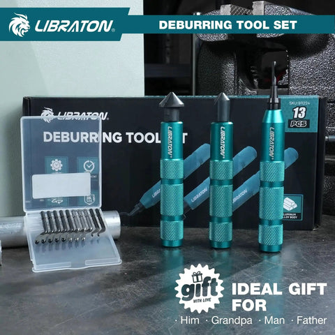 Deburring Tool Kit With 360 Degree Swivel Handle Includes One Detachable Metal Deburring Tool Two Precision Countersink Reamers And Ten Replacement HSS Blades For Metal Wood Plastic PVC Resin Copper 3D Printing Chamfering And Edge Deburring displayed on a table with packaging.