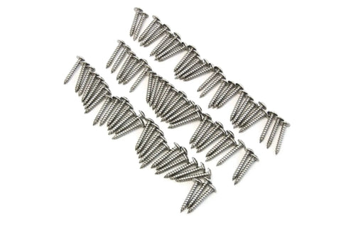 80 Piece Marine Grade Stainless Truss Head Screw Set for Dock Bumper Installation, 304 stainless steel truss head wood screws laid out on white surface