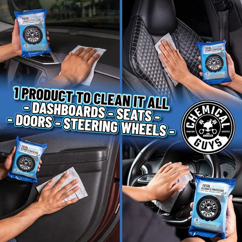 Total Interior Cleaner And Protectant Wipes Mega 50 Pack For Cars Trucks SUVs Motorcycles RVs And More Safe Easy Clean Up No Mess For All Surfaces By Chemical Guys used on dashboards and seats.