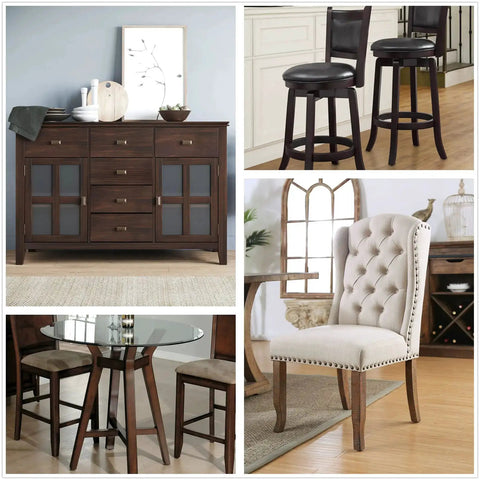 Collage of home furniture including a wooden sideboard, bar stools, dining table, and tufted armchair, showcasing different styles and designs.