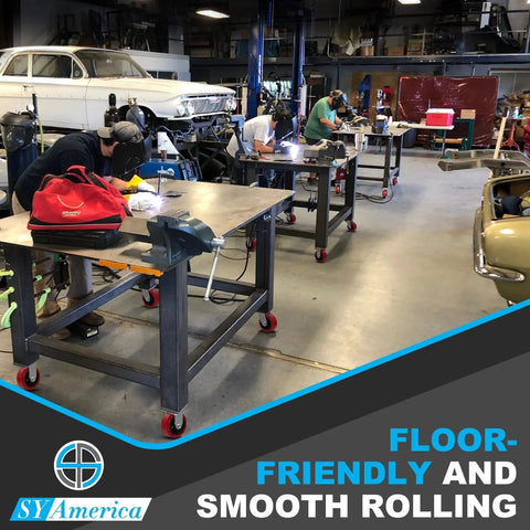 Workshop with tables equipped with five inch by two inch polyurethane caster wheels set of four heavy duty polyolefin core industrial caster wheels