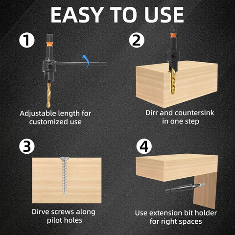 Step-by-step guide using Pro Grade HSS Adjustable Countersink Drill Bits Set For Woodworking With Magnetic Extension And Storage Box 12 Piece