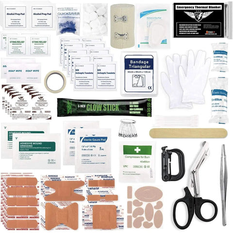 Contents of Beefy 180 Piece Tactical First Aid Kit With IFAK MOLLE Pouch displayed, including bandages, gloves, scissors, and an emergency blanket