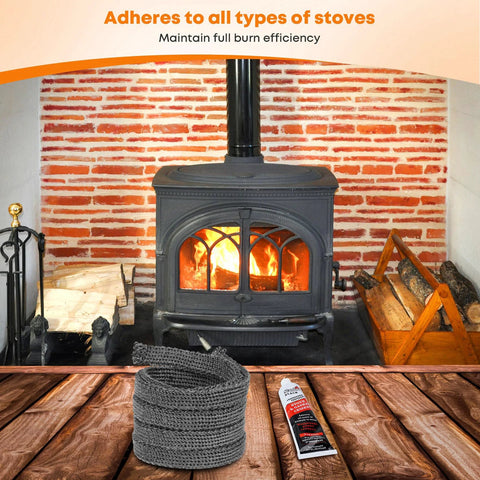 Wood stove gasket kit with graphite-impregnated fiberglass flat rope seal and high-temperature cement, 5/8 x 1/8 x 84, rope coil and cement tube.