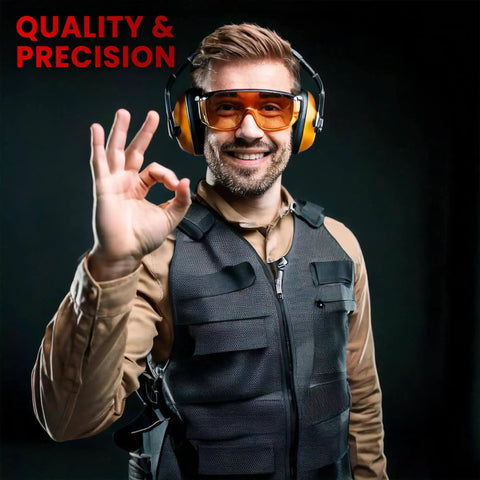 Man wearing safety goggles and earmuffs giving an OK sign, wearing a tactical vest, with 'Quality & Precision' text.