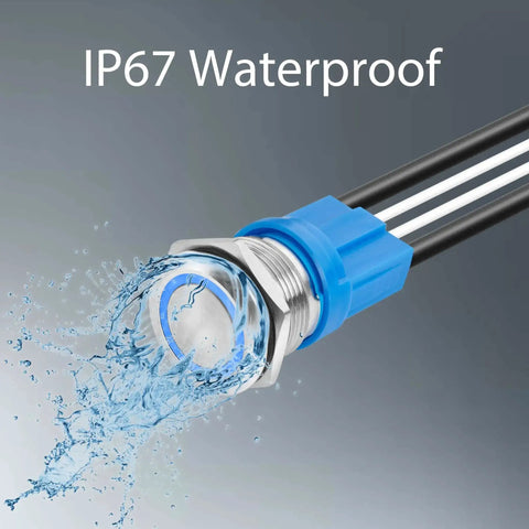 LED Latching Push Button Switch 16mm Stainless Steel IP67 Waterproof 5-24V 20A 1NO With Wire Socket Plug Blue with water splash