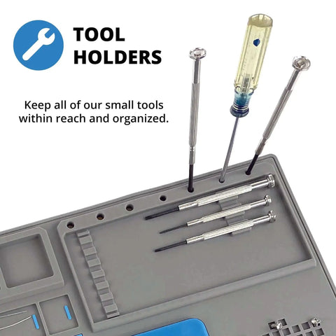 Top view of a Removable Heat Resistant Silicone Soldering Mat With Magnetic Parts Tray, Hardware Grid And Electronic Project Organizers, showcasing tool holders.