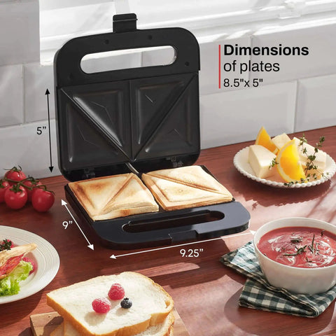 Go-To Panini Maker Grill Press For Quick Grilled Cheese And More 2 Slice, showing sandwiches and nonstick plates, stainless steel design
