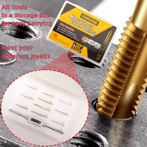 Micro Metric Tap Set With Tap Wrench, 10 Piece Ti Coated M2 HSS Thread Taps for small screws, shown in storage box.