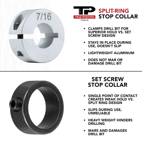 Comparison of aluminum split ring stop collar and set screw stop collar for superior holding power in drilling applications.