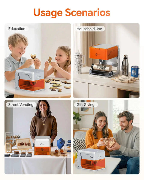 Made For Makers Compact 10W Laser Engraver With Built In Camera for educational, household, street vending, and gift scenarios.