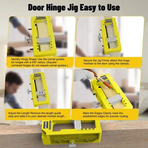 All In One Door Hinge Jig For 3 To 5 Inch Hinges With Square And Radius Corners Pro Grade Door Mortise Template For One Quarter And Five Eighths Inch Hinges Hinges No Fuss Install Yellow, shown in use with features highlighted.