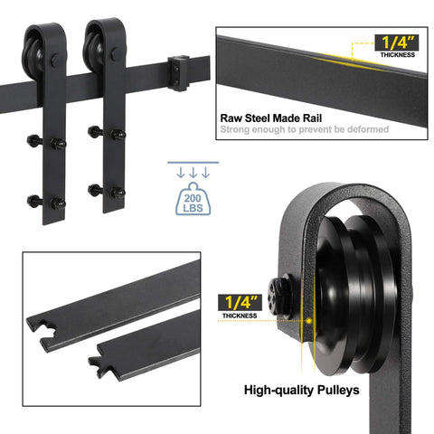Close-up of heavy-duty steel sliding rail and rollers, part of a 6.6 Foot Single Barn Door Hardware Kit for 36 to 40 Inch Doors.