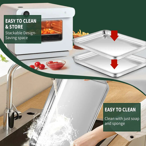 Quarter Sheet Pan With Cooling Rack Set showing stackability, easy cleaning in sink with soap, near oven with vegetables, 12 x 9.8 x 1 inch.