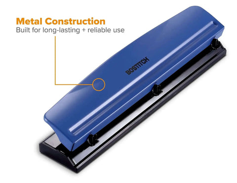 Office Premium 3 Hole Punch That Handles 12 Sheets, Heavy Duty Metal Body with Rubber Base, Easy Clean Chip Tray, angled top view