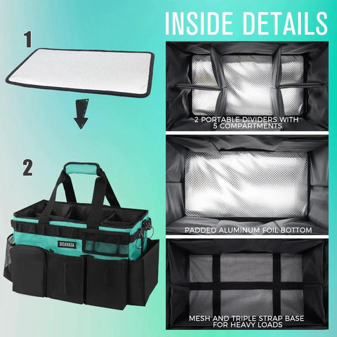 Inside details of Wearable Cleaning Caddy Organizer with handle, adjustable straps, dividers, and padded base, Lake Blue color.